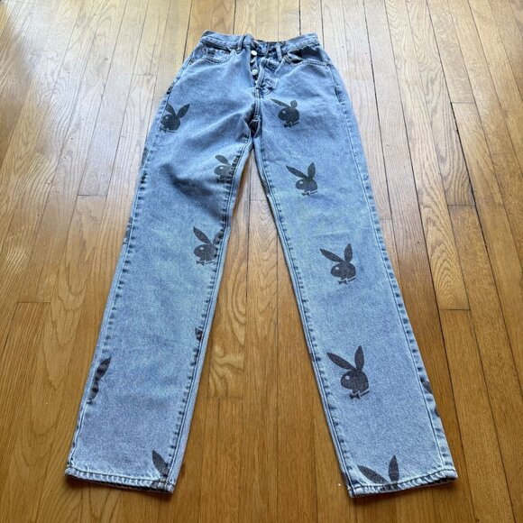 Playboy x PacSun Size 23 Women's Medium Wash 90s Boyfriend Bunny Print Jeans - Picture 2 of 15